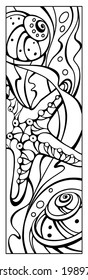 Coral reef, starfish and seashells coloring page. Bookmark for book. Doodle patterns. Black and white graphic. Sketch of ornaments for creativity of children and adults. EPS 8