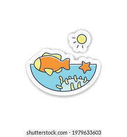 Coral reef sticker. Underwater ecosystem characterized by reef-building corals badge for designs. Living place for seafish, starfish, corals vector emblem