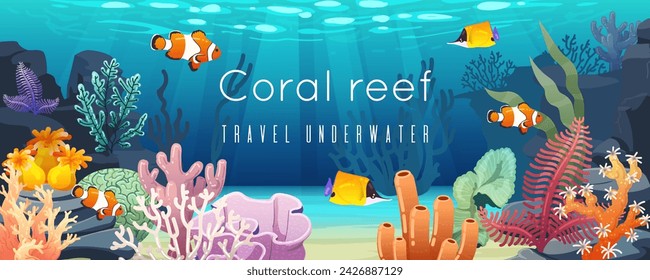 Coral reef, underwater background. Undersea ocean animal poster, aquarium tropical fish, sea banner, summer art nature water, travel swimming. Nature landscape. Vector colorful cartoon illustration