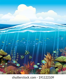 Coral reef with underwater creatures and blue cloudy sky. 