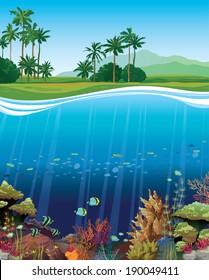 Coral reef with underwater creatures and green island with palm on a blue sky.