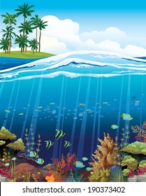 Coral reef with underwater creatures and green island with palm on a blue sky. 