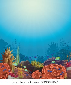 Coral reef with underwater creatures on a blue sea.