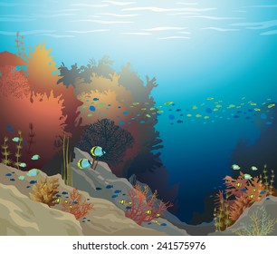 Coral reef with underwater creatures on a blue sea. Vector ocean illustration.