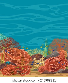 Coral reef with underwater creatures on a blue sea. Underwater vector illustration.