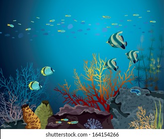 Coral reef with underwater creatures and school of fish in a blue sea.