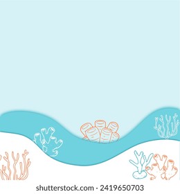 Coral reef with underwater creatures and silhouette of free diver on a blue sea. Vector ocean illustration.