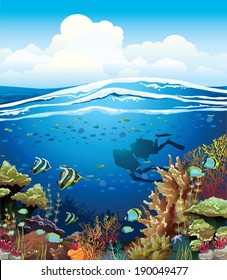 Coral reef with underwater creatures and two scuba divers under the blue sky.