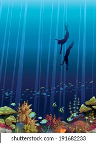 Coral reef with underwater creatures and two freedivers in a blue sea. Underwater vector.