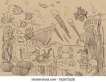 coral reef with underwater creatures, vector illustration