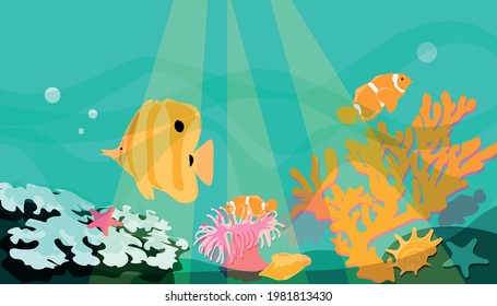 Coral reef underwater life, clown fish, butterfly fish, corals, shells, sea anemone. Turquoise orange. Background, substrate, banner Vector