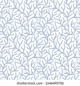 Coral reef underwater plans doodle  seamless pattern. Aquarium, ocean and marine algae water plants, corals textile print.  