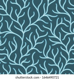 Coral reef underwater plans doodle  seamless pattern. Aquarium, ocean and marine algae water plants, corals textile print.  