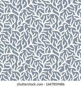 Coral reef underwater plans doodle  seamless pattern. Aquarium, ocean and marine algae water plants, corals textile print.  