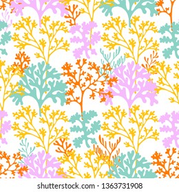 Coral reef underwater plans vector seamless pattern. Aquarium, ocean and marine algae water plants, corals textile print. Colorful corals and polyps silhouettes fabric repeating pattern.