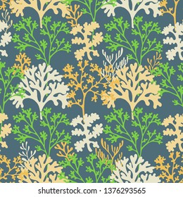 Coral reef underwater plans vector seamless pattern. Aquarium, ocean and marine algae water plants, corals textile print. Colorful corals and polyps silhouettes fabric repeating pattern.