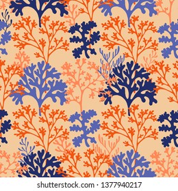 Coral reef underwater plans vector seamless pattern.  