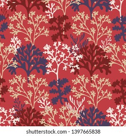 Coral reef underwater plans vector seamless pattern. Aquarium, ocean and marine algae water plants, corals textile print. Colorful corals and polyps silhouettes fabric repeating pattern.