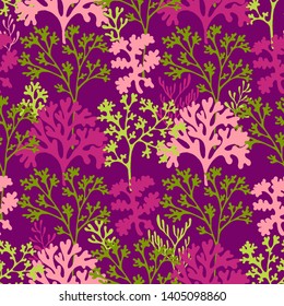 Coral reef underwater plans vector seamless pattern. Aquarium, ocean and marine algae water plants, corals textile print. Colorful corals and polyps silhouettes fabric repeating pattern in pink, green