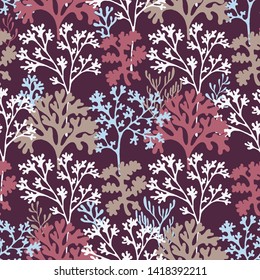 Coral reef underwater plans vector seamless pattern. Aquarium, ocean and marine algae water plants, corals textile print. Colorful corals and polyps silhouettes fabric repeating pattern.
