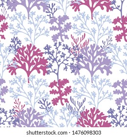 Coral reef underwater plans vector seamless pattern. Aquarium, ocean and marine algae water plants, corals textile print. Colorful corals and polyps silhouettes fabric repeating pattern in purple