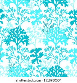 Coral reef underwater plans vector seamless pattern. Aquarium, ocean and marine algae water plants, corals textile print. Colorful organic corals and polyps silhouettes fabric repeating pattern.