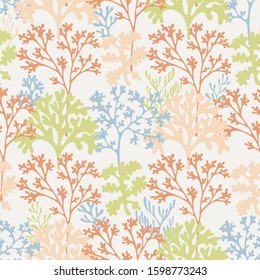 Coral reef underwater plans vector seamless pattern. Aquarium, ocean and marine algae water plants, corals textile print. Colorful corals and polyps silhouettes fabric repeating pattern.