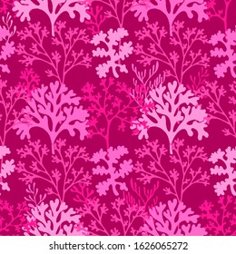 Coral reef underwater plans vector seamless pattern. Aquarium, ocean and marine algae water plants, corals textile print. Colorful corals and polyps silhouettes fabric repeating pattern.