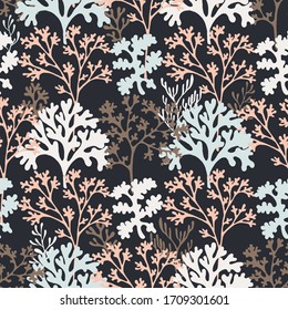 Coral reef underwater plans vector seamless pattern. Aquarium, ocean and marine algae water plants, corals textile print. Colorful corals and polyps silhouettes fabric repeating pattern.