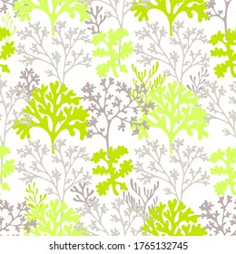 Coral reef underwater plans vector seamless pattern. Aquarium, ocean and marine algae water plants, corals textile print. Colorful corals and polyps silhouettes fabric repeating pattern.