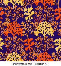 Coral reef underwater plans vector seamless pattern. Aquarium, ocean and marine algae water plants, corals textile print. Colorful organic corals and polyps silhouettes fabric repeating pattern.