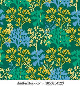 Coral reef underwater plans vector seamless pattern. Aquarium, ocean and marine algae water plants, corals textile print. Colorful corals and polyps silhouettes fabric repeating pattern.