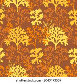 Coral reef underwater plans vector seamless pattern. Aquarium, ocean and marine algae water plants, corals textile print. Colorful corals and polyps silhouettes fabric repeating pattern.