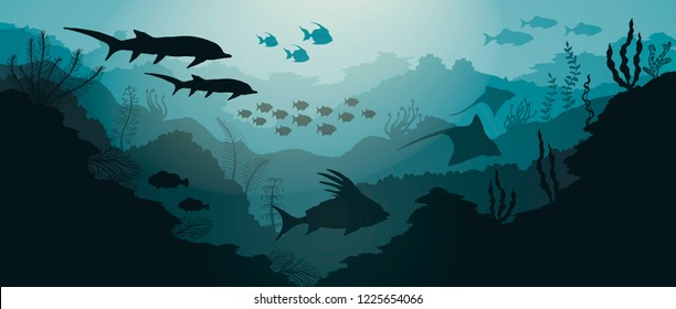 Coral reef and Underwater sea background with fish and algae