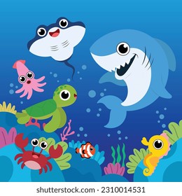 Coral reef, underwater sea life vector illustration. Cartoon flat ocean aquarium or sea waters collection with colorful algae seaweed plants and animal fishes, seascape marine scenes isolated on white