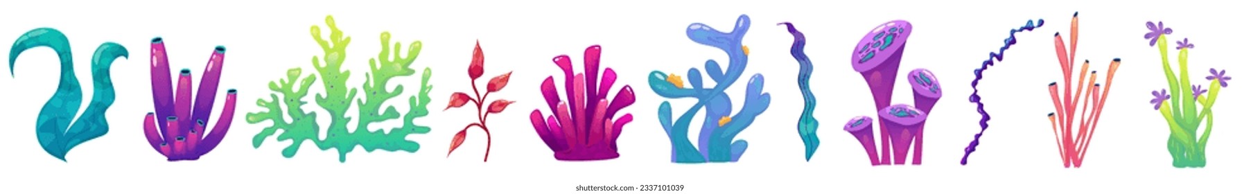 Coral reef underwater set with algae. Seaweed ocean plant. Coral set undersea fauna. Cartoon Reef isolated. Cartoon Vector design.