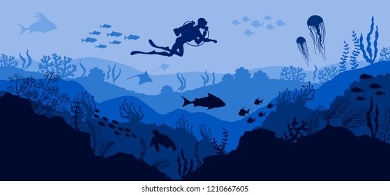 Coral Reef And Underwater Wildlife Diver On Blue Sea Background