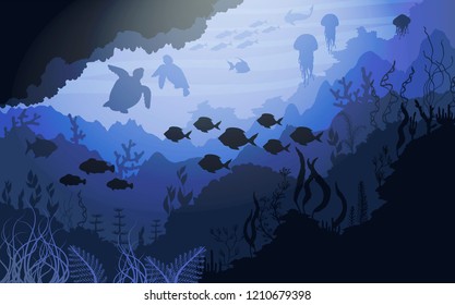 Coral reef and Underwater wildlife on blue sea background