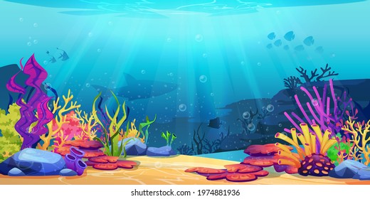 Coral reef underwater world with marine animals silhouettes and algae seaweeds, sea bottom cartoon background. Vector undersea plants, aquarium with seafloor, marine wildlife scenery on depth