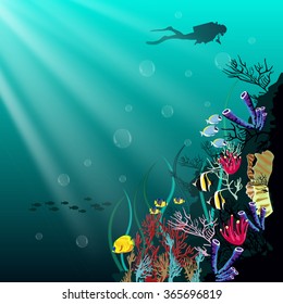 Coral reef with various species of fish and silhouette of diver over blue sea background