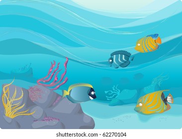 Coral reef vector illustrations. Angel fish with wavy background.