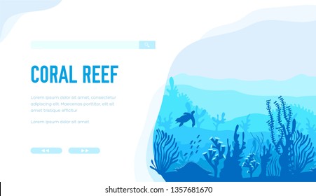 Coral reef vector landing page template. Scuba diving web banner layout design. Marine life, ecosystem. Underwater flora and fauna minimalistic illustration. Ocean seaweeds and animals