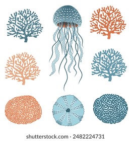 Coral reef wildlife vector elements. Corals, sea urchin and jellyfish hand drawn retro illustration