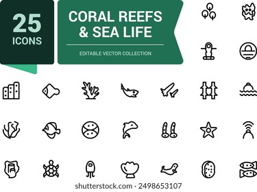 Coral Reefs and Sea Life icon set. Related to Anchor, fish, Coral, Diving Helmet. Minimalist thin linear web ui icon set. Simple editable vector stroke illustration.
