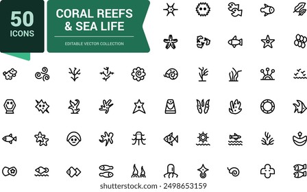 Coral Reefs and Sea Life icon set. Related to Anchor, fish, Coral, Diving Helmet. Minimalist thin linear web ui icon set. Simple editable vector stroke illustration.
