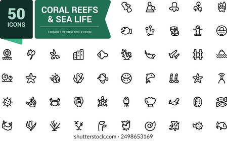 Coral Reefs and Sea Life icon set. Related to Anchor, fish, Coral, Diving Helmet. Minimalist thin linear web ui icon set. Simple editable vector stroke illustration.