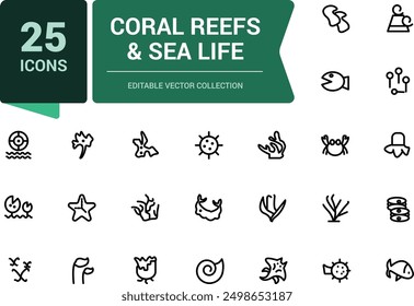 Coral Reefs and Sea Life icon set. Related to Anchor, fish, Coral, Diving Helmet. Minimalist thin linear web ui icon set. Simple editable vector stroke illustration.