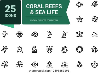 Coral Reefs and Sea Life icon set. Related to Anchor, fish, Coral, Diving Helmet. Minimalist thin linear web ui icon set. Simple editable vector stroke illustration.