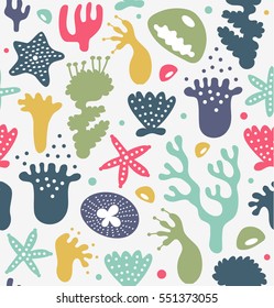 Coral reefs seamless pattern, decorative cute background, vector marine texture, sealife