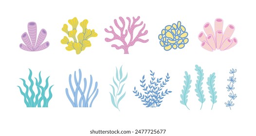 Arrecifes de coral y conjunto de algas. Varios corales de colores y plantas de algas colección. Ilustración vectorial de la vida marina y oceánica